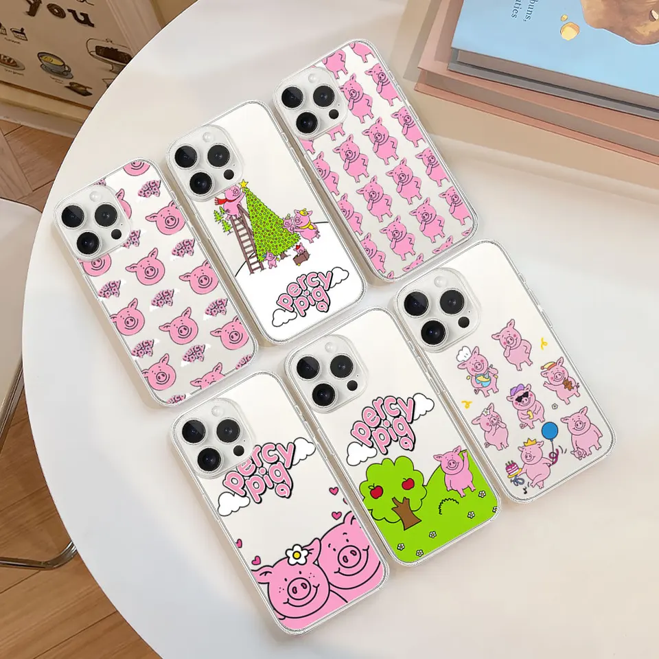Karikatúra roztomilá ružová p-percy ošípaná puzdro pre iPhone 11 12 13 14 15 16 max pro plus priehľadná mäkká škrupina