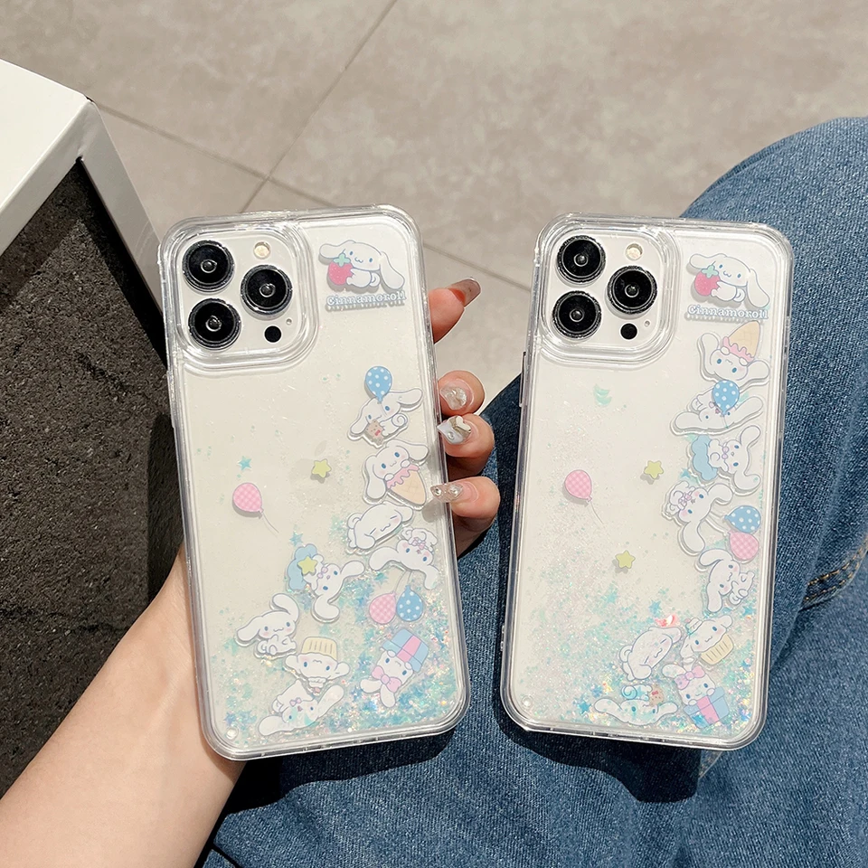 Karikatúra roztomilý Sanrios Cinnamoroll Luxury Quicksand Telefón puzdro pre iPhone 15 14 13 12 11 Pro Max