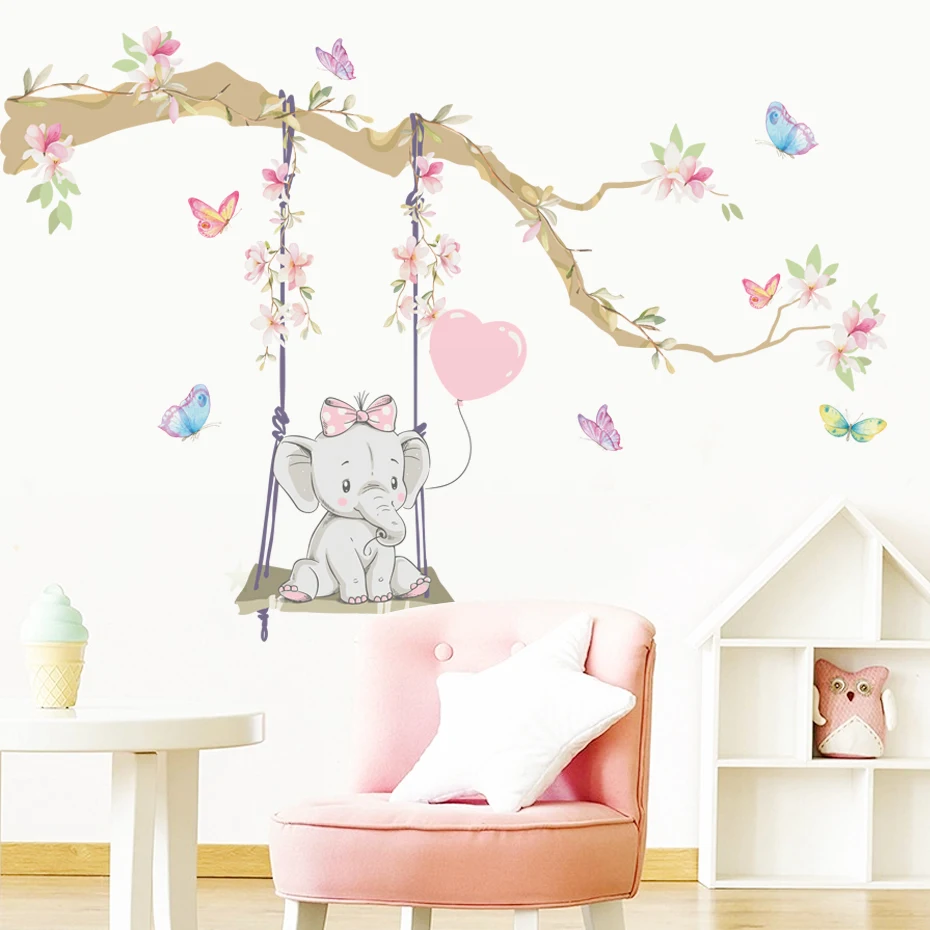 Karikatúra roztomilý výkyvný slon Butterfly Branch Watercolor Surcher Sticker Wall Durce Art
