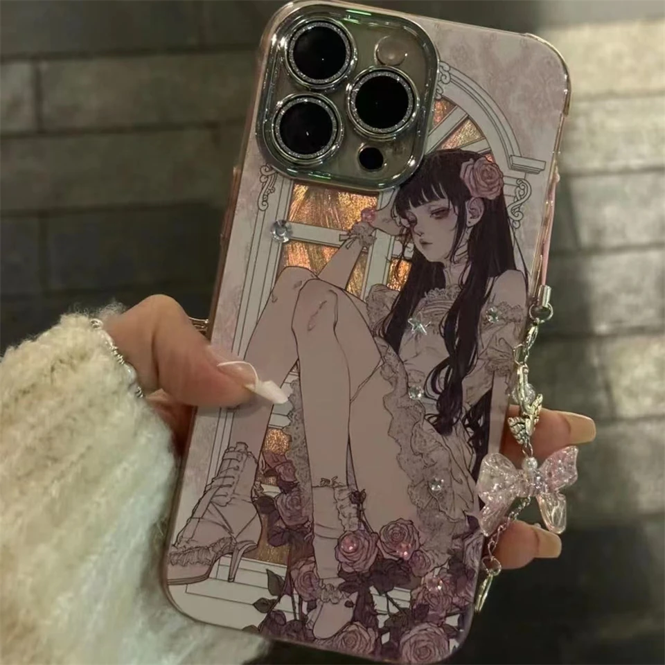 Karikatúra ružová princezná Flash Diamond Girl Soft Soft Case Ochrana pre iPhone 16 15 13 12 11 14 Pro Max xr 7 8 plus x se reťaz Coque