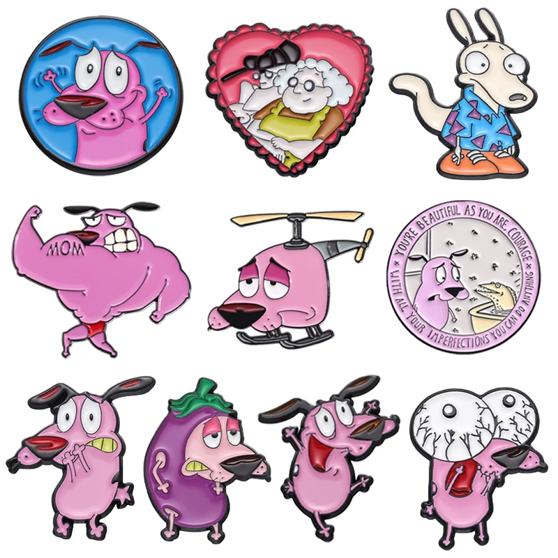 Karikatúra ružový pes smaltovaný špendlíky roztomilé odvaha zbabelých šteňa brošne klopne odznak módne šperky doplnky darček pre deti priatelia