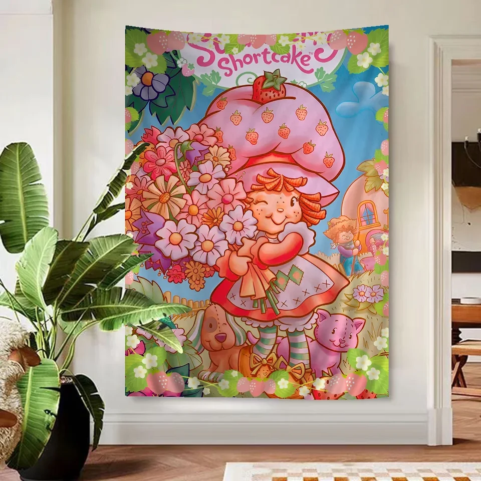 Karikatúra S-Strawberry S-Shortcake Cute Tapestry Art Printing Japonská tapiséria anime stena zavesenie domáceho dekoru