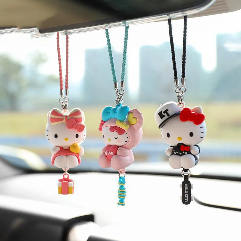 Karikatúra Sanrio Car prívesok Hello Kittys Appresory Cute Kawaii Anime Auto Zadné zrkadlo Zrkadlo kúzlo auto zavesenie hračiek pre dievčatá darček
