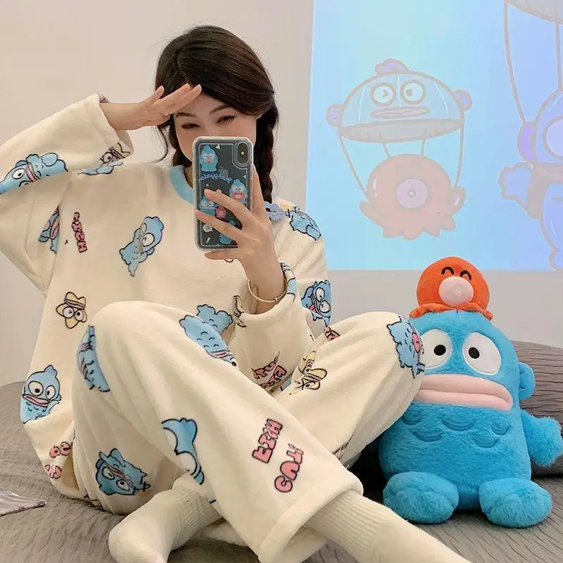 Karikatúra Sanrio Hello Kitty Pajama Set študent Kawaii Kuromi Cinnamoroll Hangyodon Girl Autumn Zima zahusťuje