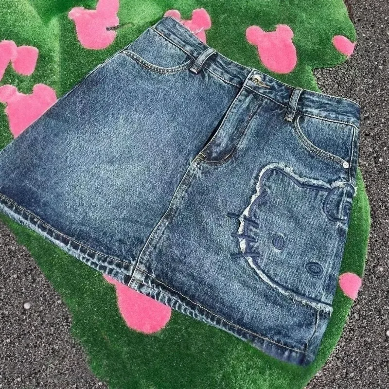 Karikatúra Sanrio Hello Kitty Y2K Hot Girl KT Cat Denim Denim Sukňa letná sukňa s vysokým pásom personalizovaná pouličná záplata dizajn sukňa darček
