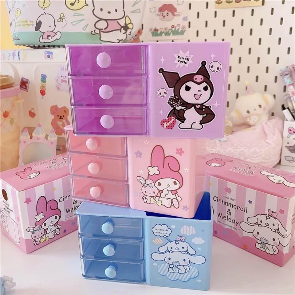 Karikatúra Sanrio Kuromi MymeLody Cinnamoroll Desktop Storage Box Trojvrstvová zásuvka Študentský školský perá Držiteľ kancelárskych potrieb