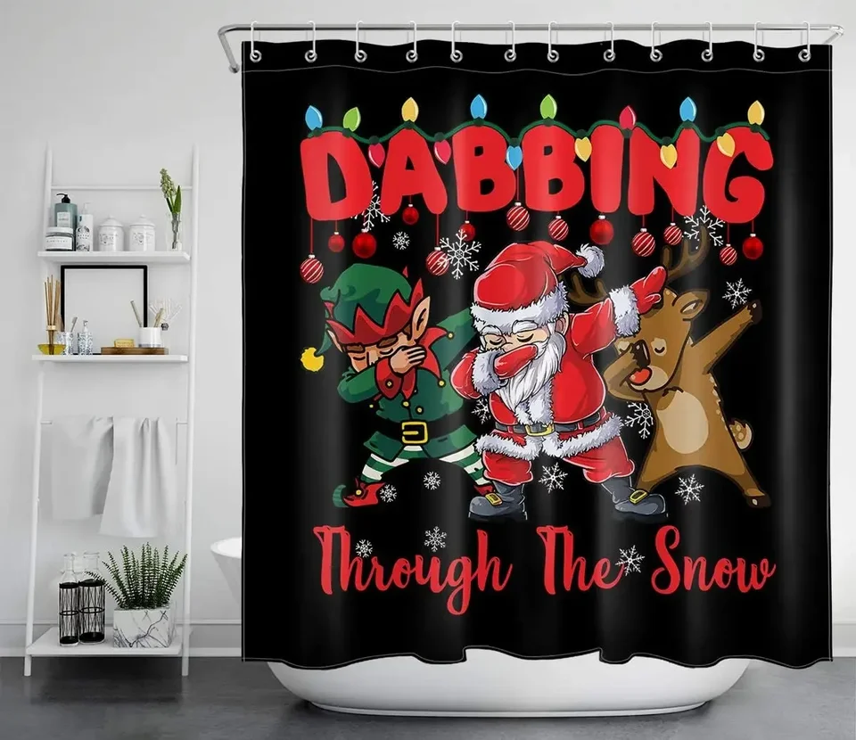 Karikatúra Santa Claus Reindeer a Snowflake Vianočné gule na čiernych záclonách sprchy