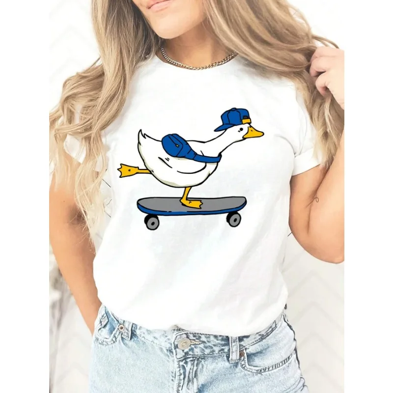 Karikatúra skateboard kačica vzor Trited Tričko Kawaii Dámska biela originálna originálna letná prieduš