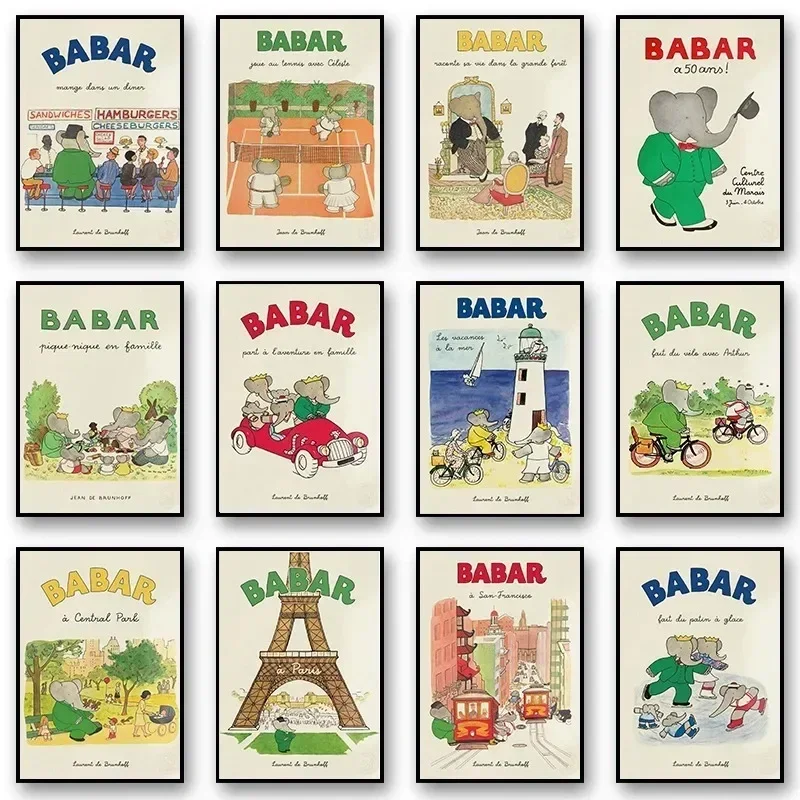 Karikatúra slona babar rodinné auto roztomilé jogu anime plagát a výtlačky plátno tlačiareň