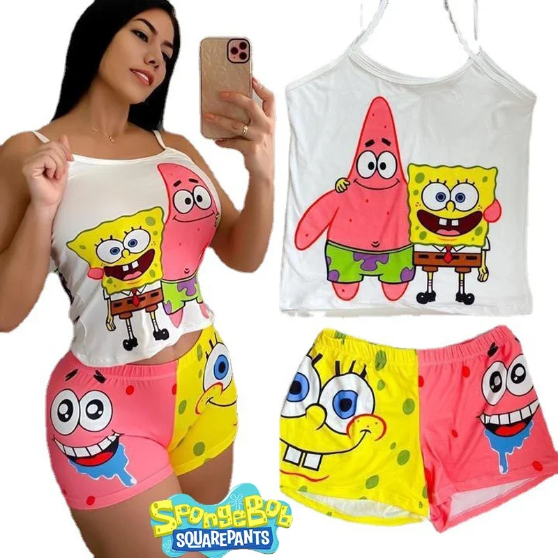 Karikatúra SpongeBob Camisole Set Fashion Women Women Crop Tank Top Top Shorts Dvojdielne súprava Ženská pyžamá Príležitostné streetwear Slim Shirt Top