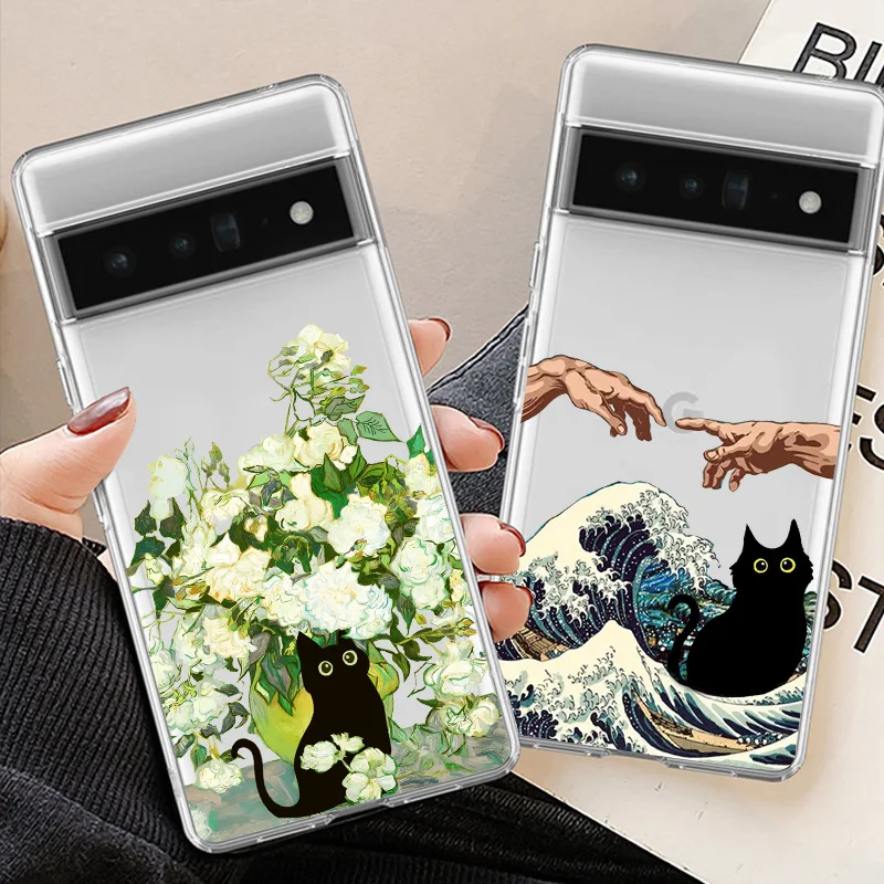 Karikatúra Van Gogh Black Cat Puzdro pre Google Pixel 8a 8a 8 7 9 Pro XL 6A 5G Retro olejomaľba Transparentné fondy mäkkých obalov