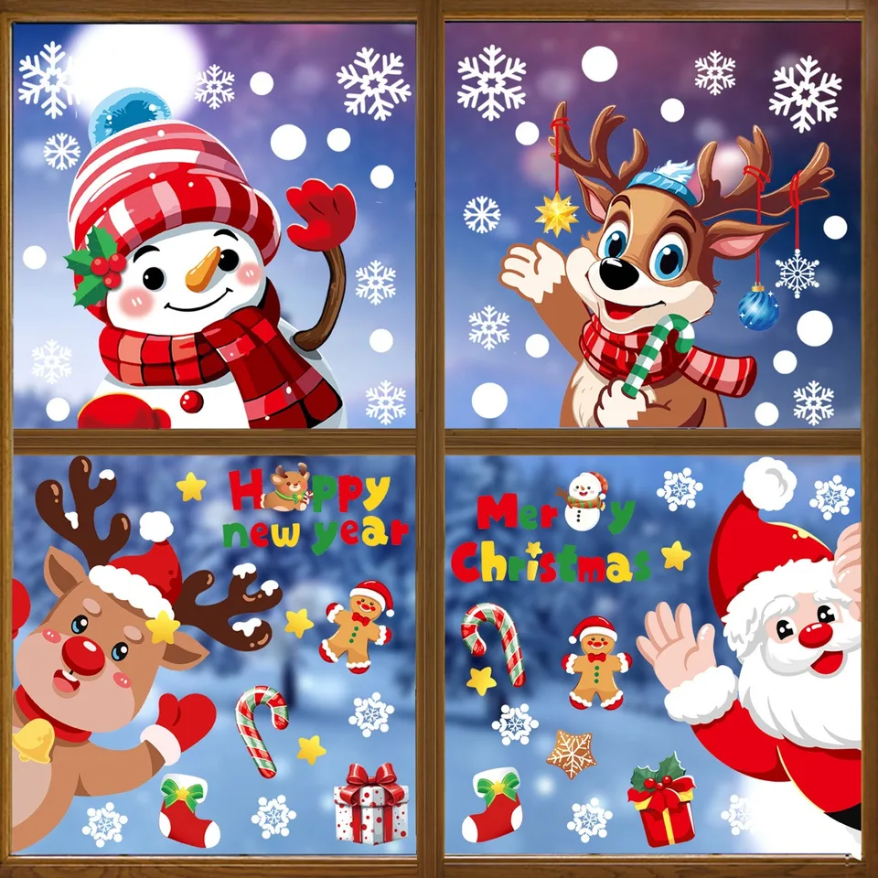 Karikatúra vianočný veniec perník muž Santa Claus sklenené nálepky roztomilý snehuliak Elk okenné nálepky Merry Christma Decor 2025