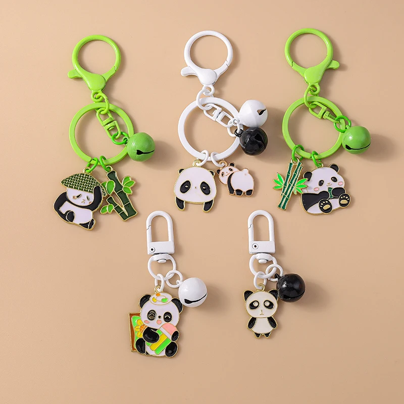 Karikatúra zvierat Keychain smalt panda bambus bell keyring pre ženy Men muž kľúča Kľúčová kabelka prívesok Key reťazce DIY šperky