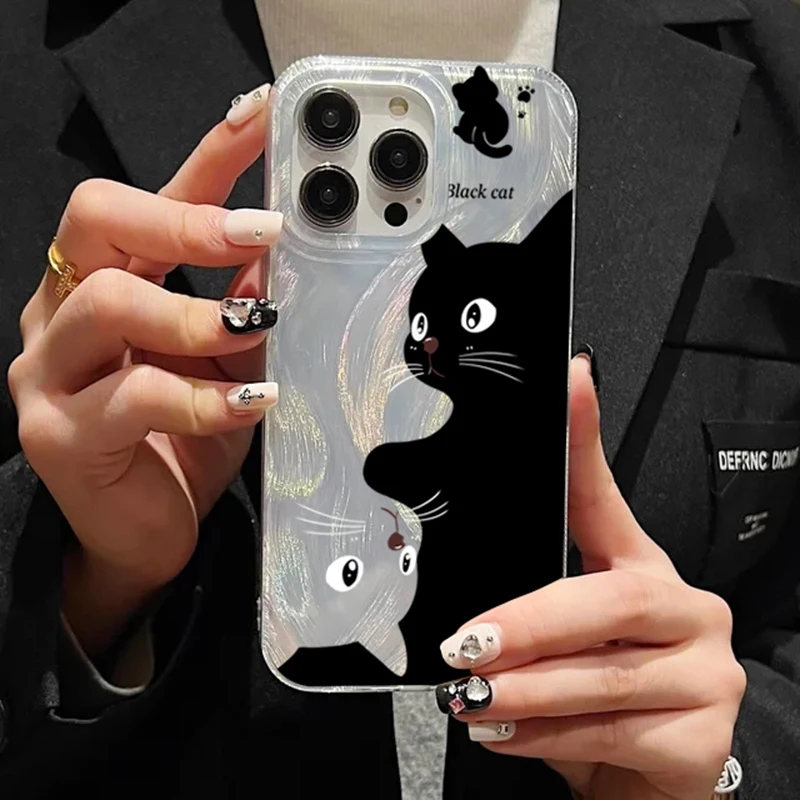 Karikatúra čierna mačka telefón pre iPhone 16 15 puzdro iPhone 13 11 12 14 Pro Max xr xs x 7 8 plus SE2 Strieborný perie kryt