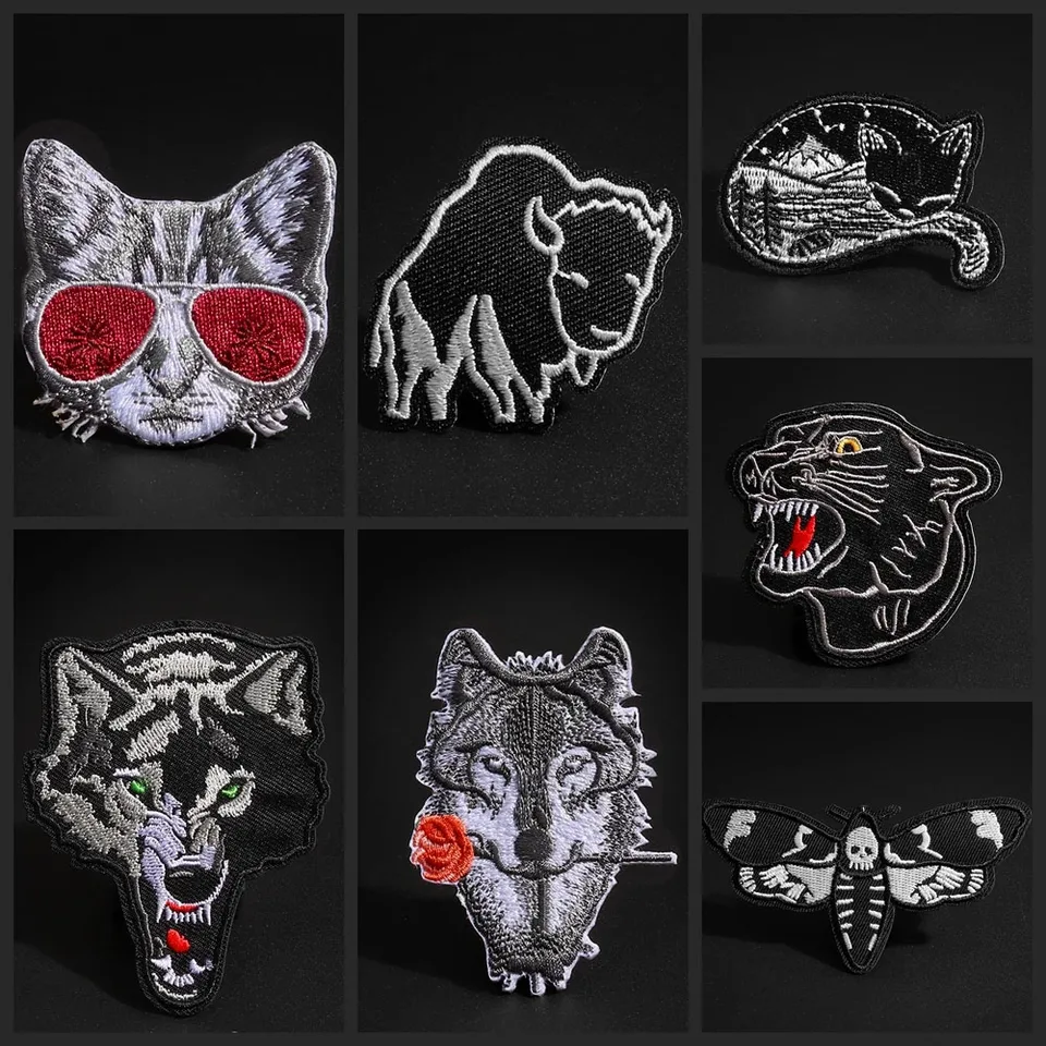 Karikatúra čierne záplaty Veľkoobchod Cool Cat Rose Wolf Leopard koza punk punk nálepky nálepky klobúky dekorácie doplnky železo