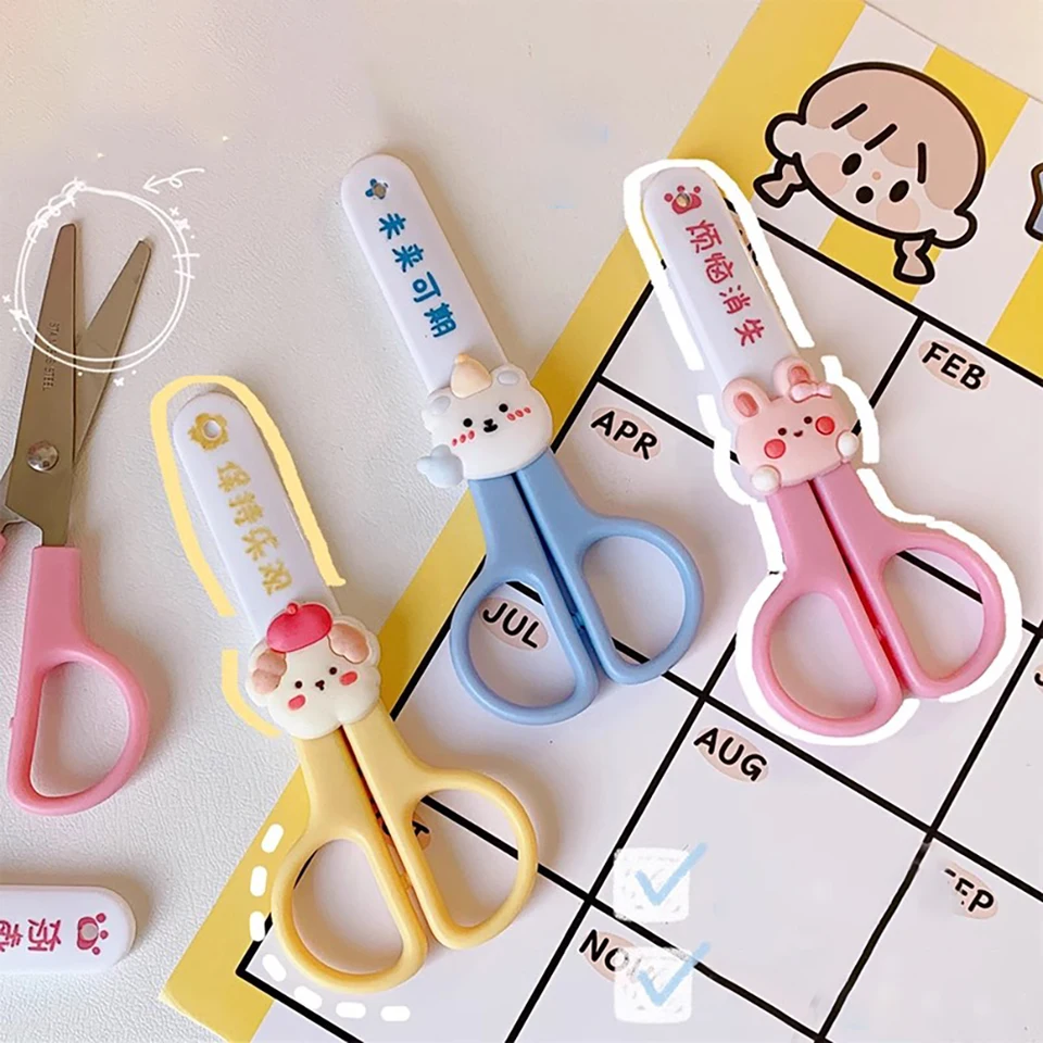 Karikačné nožnice Kawaii s ochranným krytom DIY bezpečnostné nožnice na papieri pre deti Kórejské kancelárske kancelárske potreby