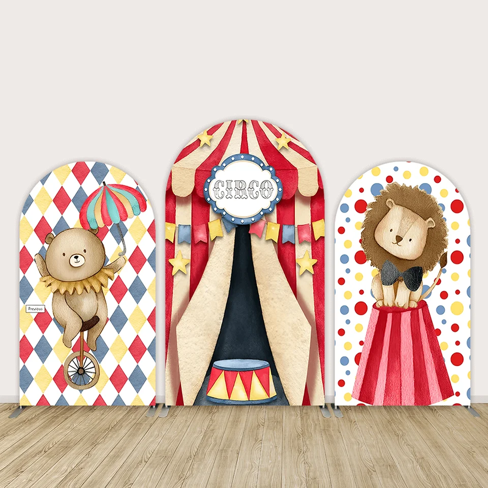 Karikačné zvieratá Cirkus Stan Arch Cover Cover For Child Detj Shower Party Decorácie chlapec 1. narodeniny Zázemie stena Banner