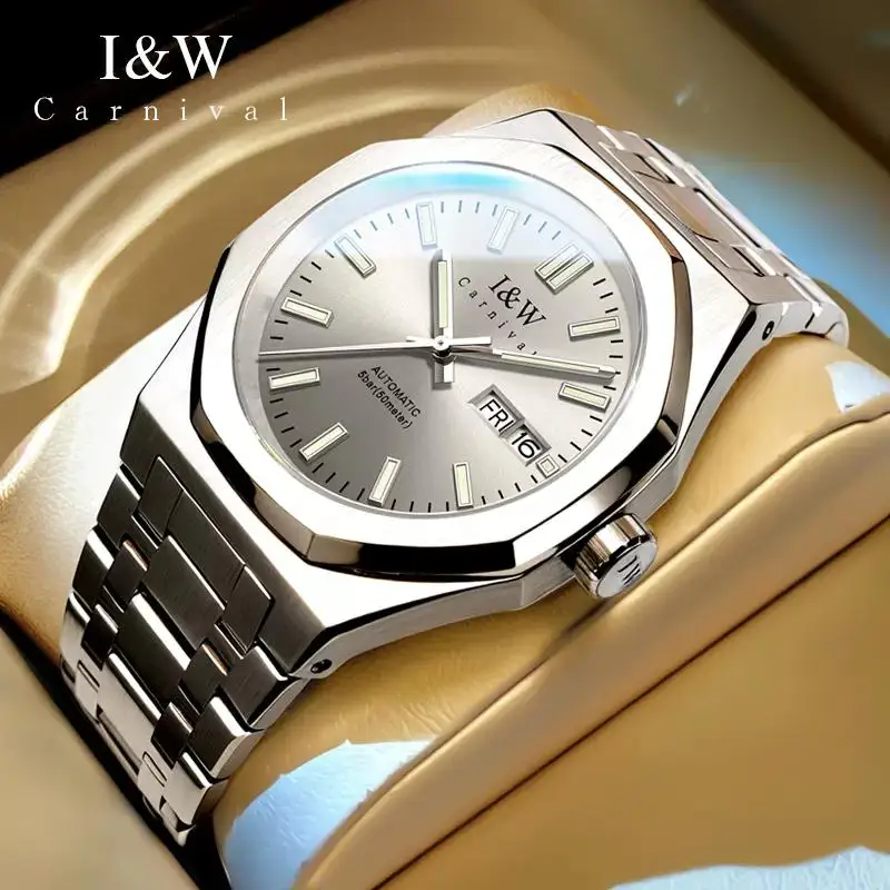 Karneval High-end Series I&W Brand Luxury Sapphire Mechanical Watch Men 316L oceľový vodotesný dovážaný pohyb automatických hodiniek