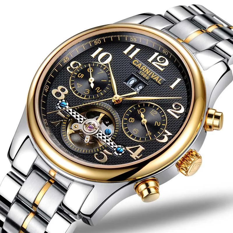 Karnevalová značka Automatické kostrové hodinky Waterproof Steel Men Fashion Luxury Tourbillon Mechanické zápästie Watches reloj hombre