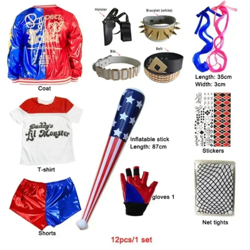 Karnevalové detské dievčatá samovražda Harley Cosplay kostýmy jednotka Quinn Monster Joker Jacket Suit Tattoo Setgers Set
