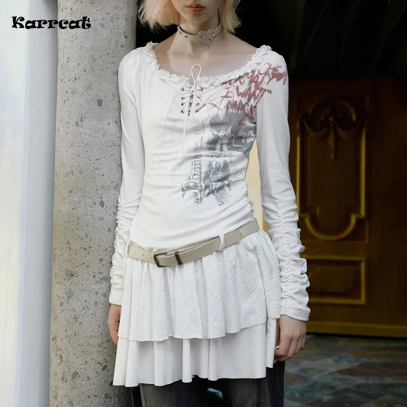 Karrcat Grunge estetika graffiti tlačové šaty vintage rozprávky obväz s krátkymi šatami pustat punk punk s dlhým rukávom Party šaty y2k