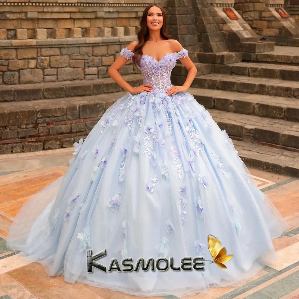 Kasmolee Fairytale Lace Appliques Quinceanera šaty 15 a z ilúzie ramena, ktoré šnurujú skladané Vestidos de prispôsobené