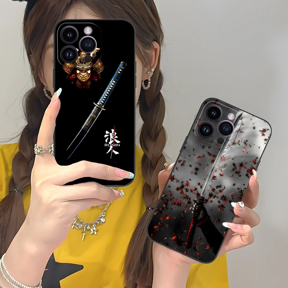 Katana samurai ronin mobilný mobilný telefón pre iPhone 16 15 14 13 12 11 x xr xs 8 7 pro Max Plus Mini Black Phone Shell