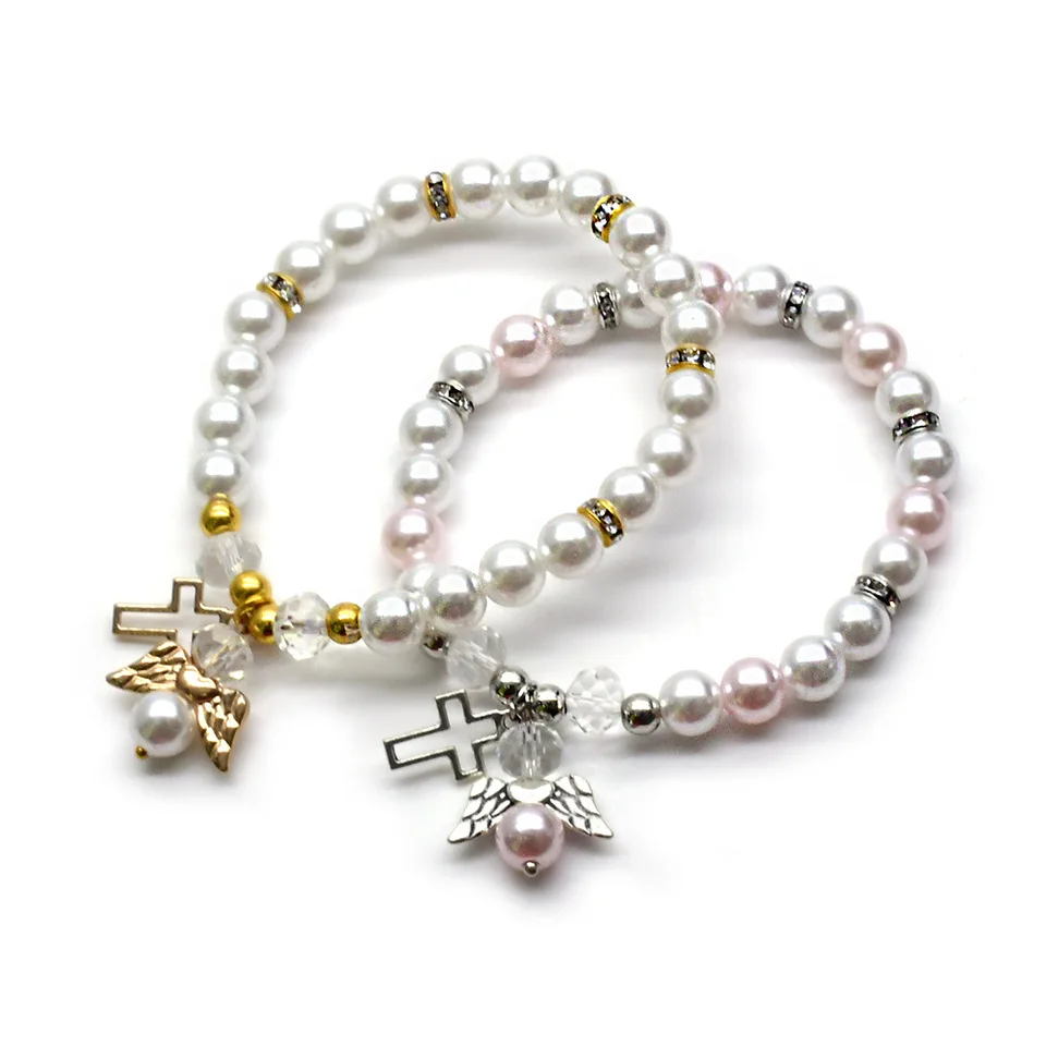 Katolícke ružence krížový anjel Pink and White Pearl Náramok Vynikajúci elastický ručne nosený náramok