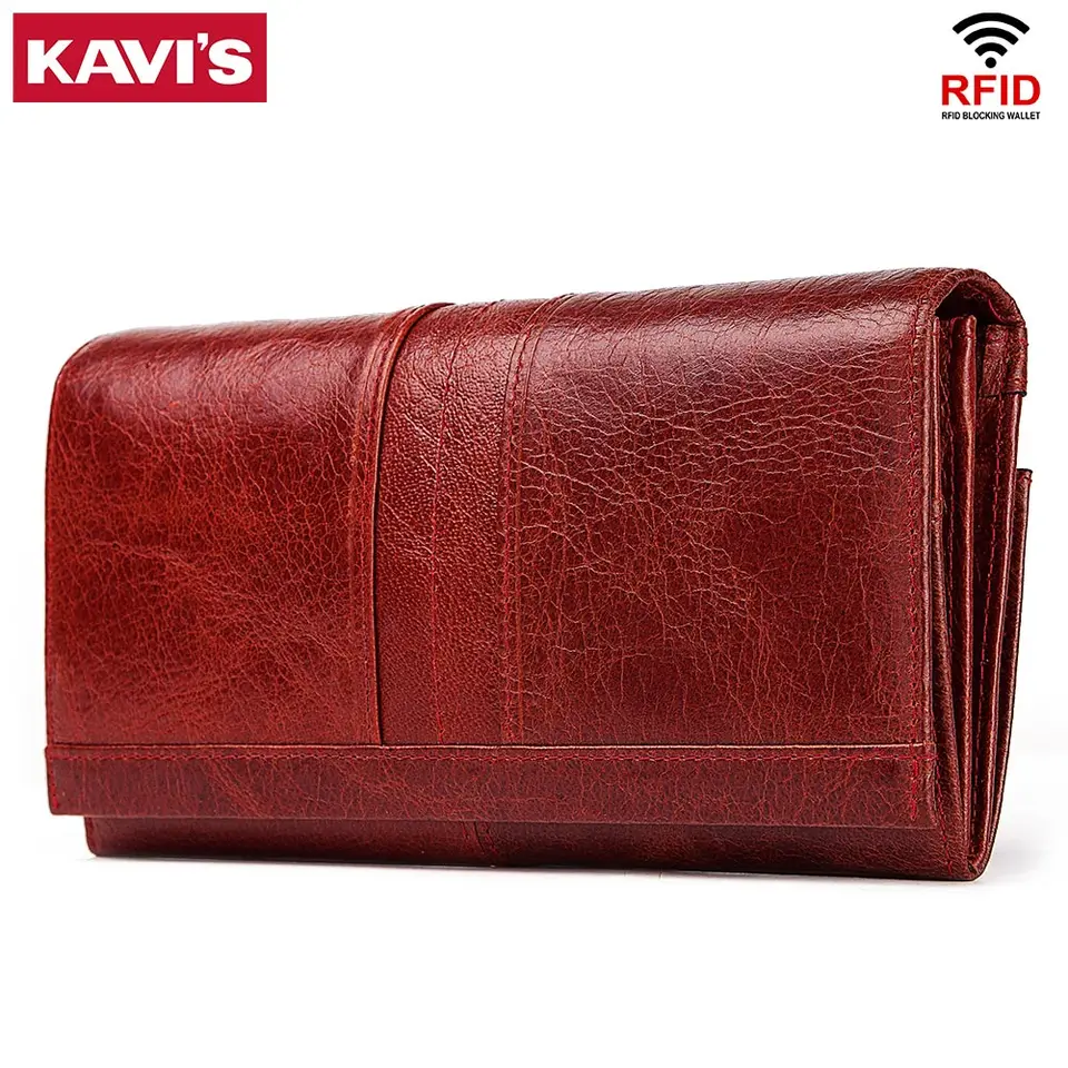 Kavis originálne kožené peňaženky pre ženy móda dlhá taška na spojku s vreckom na telefón RFID Držiteľ kreditnej karty Red Red