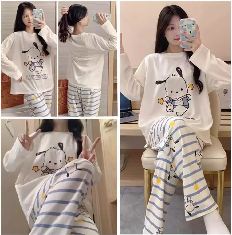 Kawai Sanrio Kuromi Cartoon Dvojdielne pyžamá Nová Južná Kórea Jeseň Soft Soft Hnome Wear Outgoig Dievčatá vianočné darčekové oblečenie