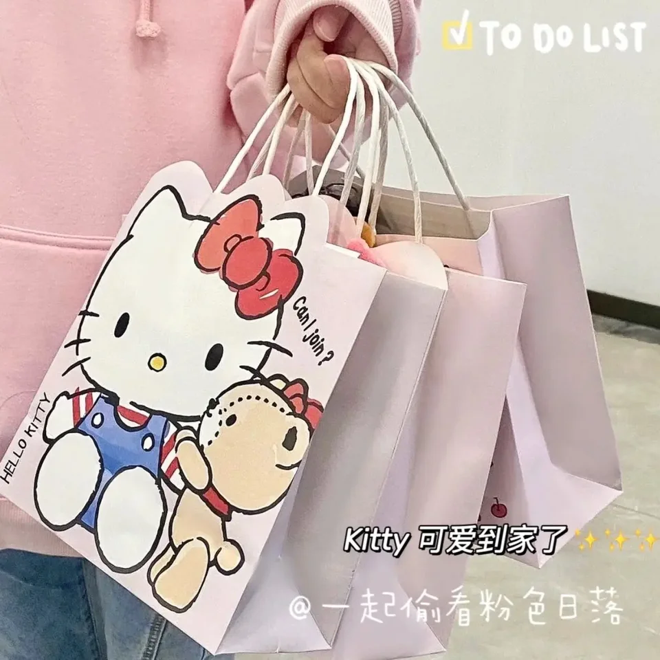 Kawaii ahoj mačiatko sanrioed papierové tašky japonský roztomilý karikatúra Plaid papier darčeková taška s taškou Buggy Bag Birthday Darček balenie taška