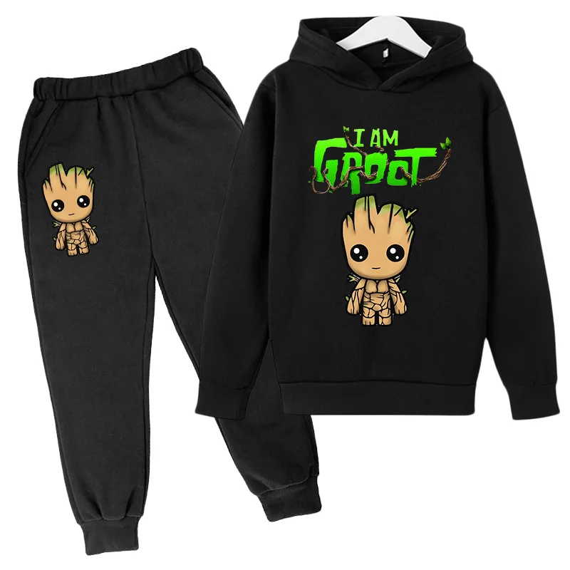 Kawaii Baby Groot Print Hoodie Detská módna streda Hoodie+Nohavice obleky Príležitostné jogging mikina