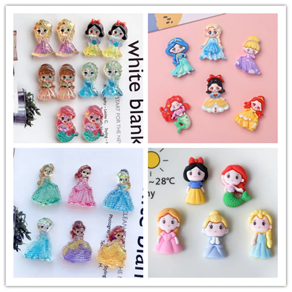 Kawaii Cartoon Glitter Disney Princess Flat zadná živica DIY Craft Scrapbooking Cabochons Headary Lapewear Elsin Doplnky