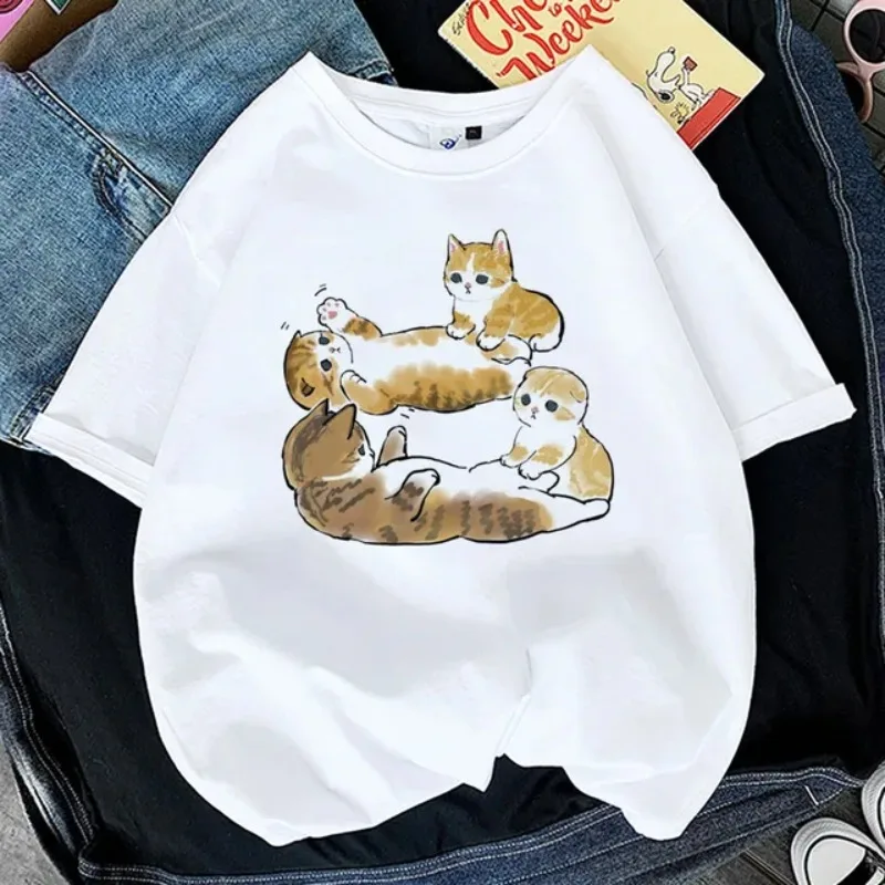 Kawaii Cat Dámske tlače vtipné tričko Girl Animal Y2K Fashion 90s Tlače Tops Tee Gril Black White Clothes, Drop Ship