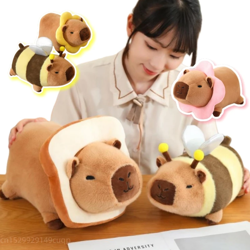 Kawaii Creative Caphybara plyšná bábika ležajúca včela kvetina chlieb lev otočený Capybara plyšový hračkársky vankúš