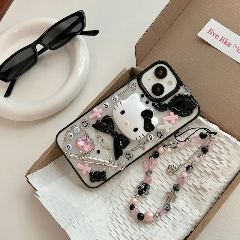 Kawaii Cute 3D Sanrio Y2K Hello Kitty Transparent Puzdro pre iPhone 16 15 14 13 12 11 Pro Max Stramproof Cover s Lanyardom