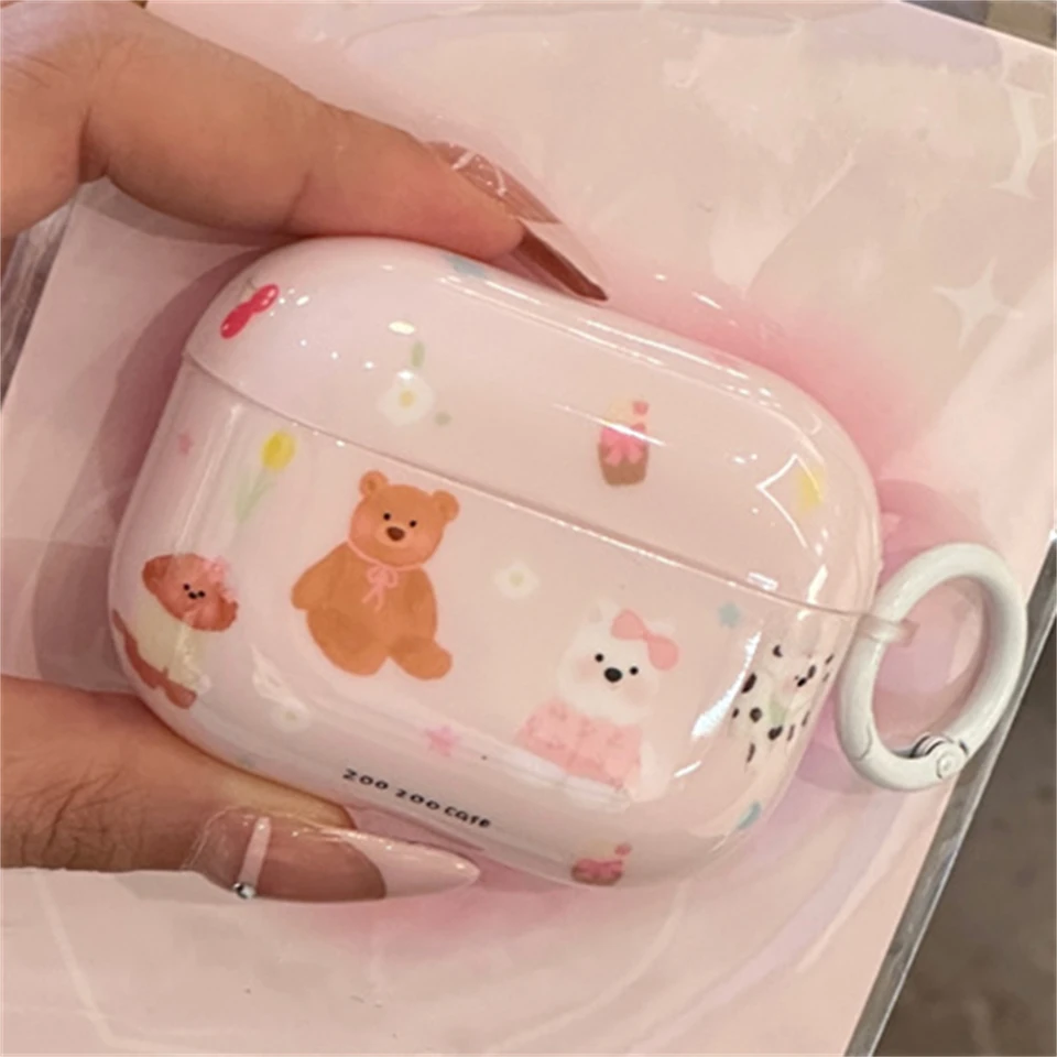 Kawaii Cute Cartoon Dog Bear Ružové slúchadlá puzdro pre AirPods 1 2 3 s ochranným škrupinom Keychain pre AirPods Pro 2