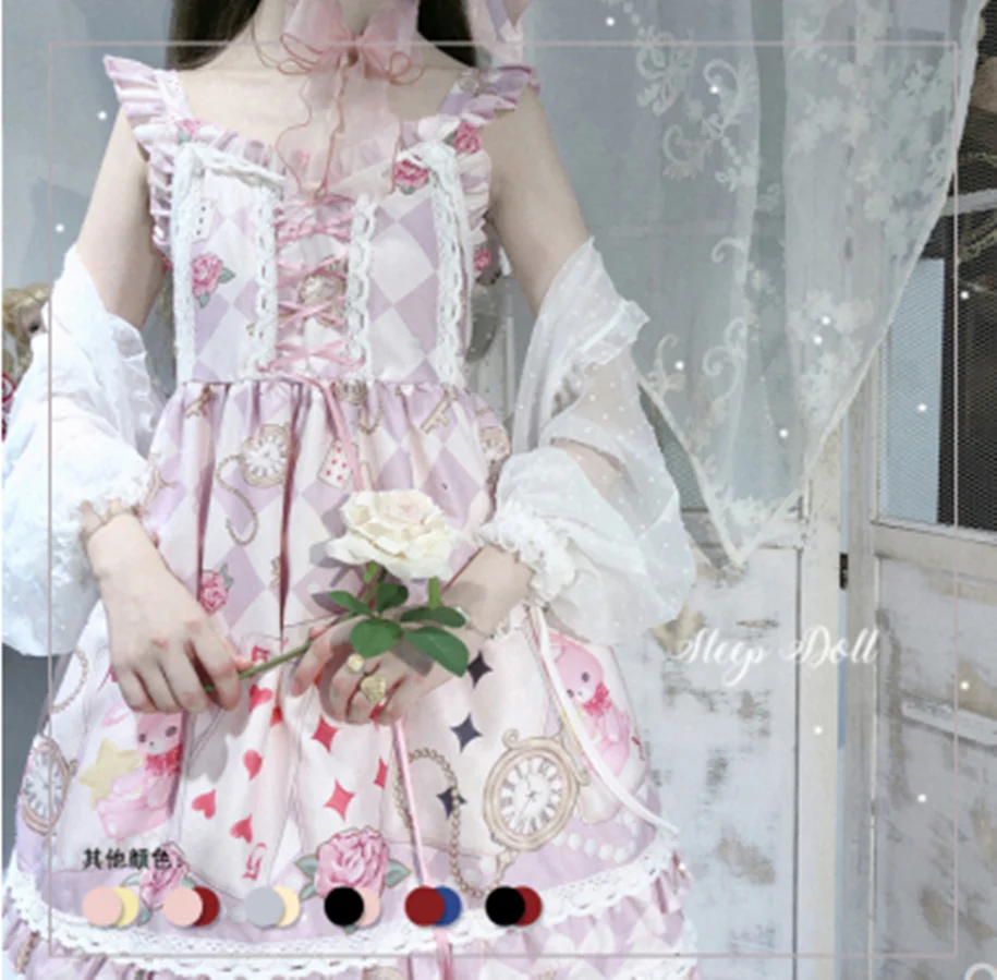Kawaii Girl Gothic Lolita loli cosplay jsk vintage roztomilé princezné čajové čipky s veľkým pásom