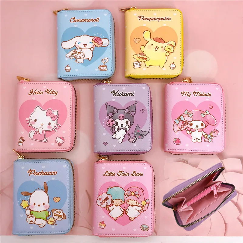 Kawaii Hello Kitty Cinnamoroll My Melody Kuromi Sanrios Nové Pu Casual Money Bag Coin Coin držiteľ karty peňaženka s tlačidlami