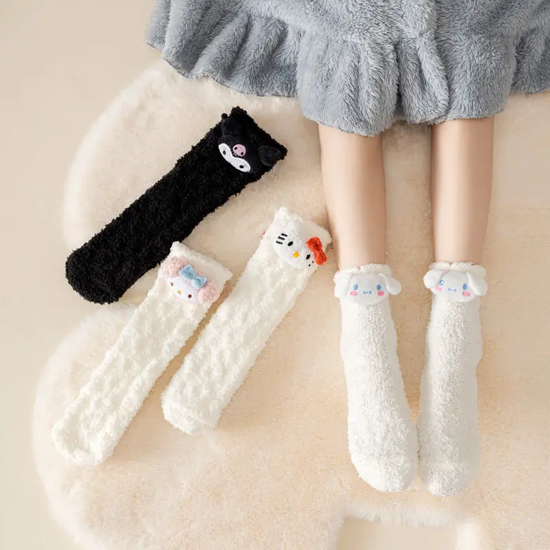 Kawaii Hello Kitty Coral Fleece ponožky anime kuromi moja melódia krásna dievčina študent Pridajte zamat