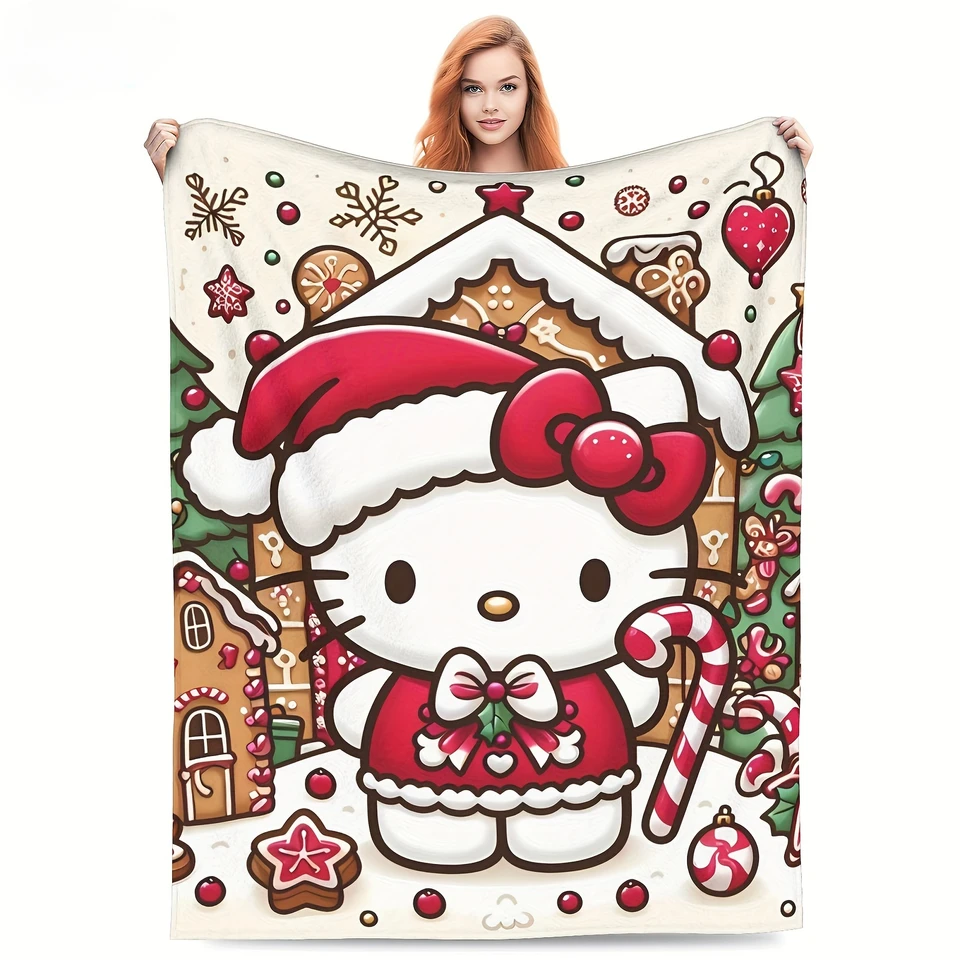 Kawaii Hello Kitty prikrývka roztomilá mäkká útulná flanelová fleecová prikrývka teplá plyšová prikrývka s slávnostným vzorom Najlepší darček na Vianoce