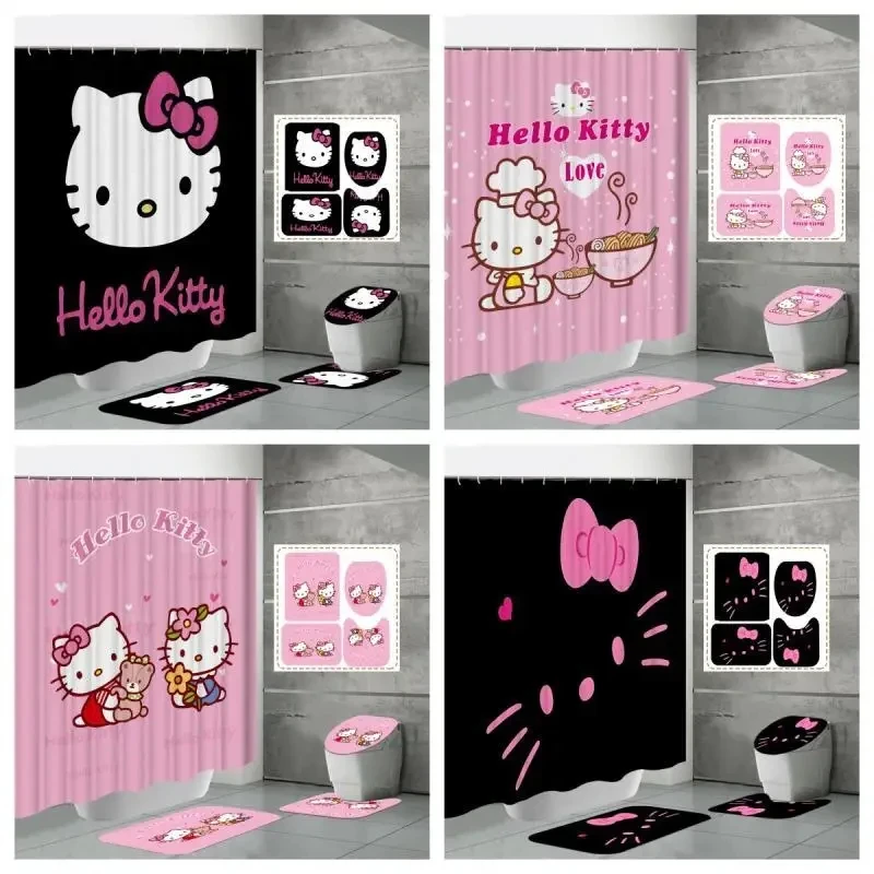 Kawaii Hello Kitty Sprcha Curtain Four Set Set Sanrio Anime Kit Tlač sprchový záves koberec koberec U v tvare podložky