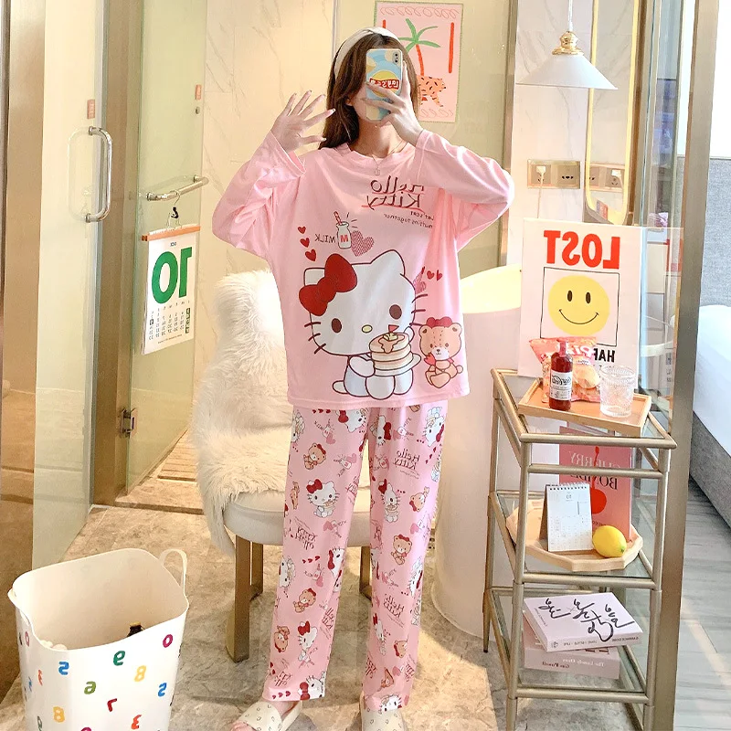 Kawaii Hellokitty pyžamy Ženy na jar a jeseň s dlhým rukávom voľné veľké veľké veľkosti Sladká tenká sekcia Dvojdielna sada