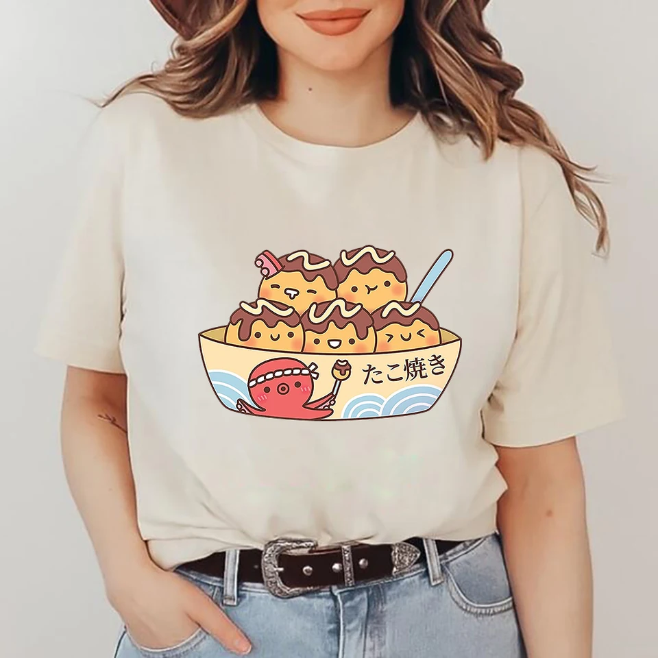 Kawaii japonské jedlo takoyaki chobotnice loptičky tričko/muži Harajuku estetické grafické grafické tričko Unisex Casy Cotton Tees