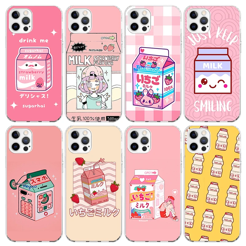 Kawaii japonský jahodový mliečny skrink pre telefón pre Apple iPhone 16 15 14 plus 13 12 Mini 11 Pro Max x xr xs 7 + 7g 8g SE 2020 So