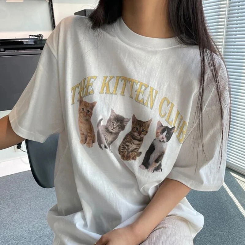 Kawaii Kitten Club Dámske dámske tričko Streetwear White Cotton Short Ruckve Femme Graphic Tee Cute Grunge Tops
