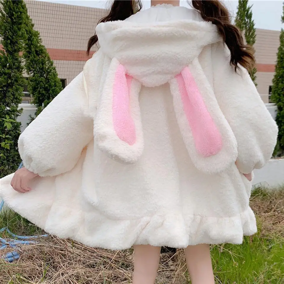 Kawaii králičie ucho Ženy Mikina roztomilý zajačik uší s kabátom s dlhým rukávom zipsová plakačka Miket dámske bunda lolita kapucňa