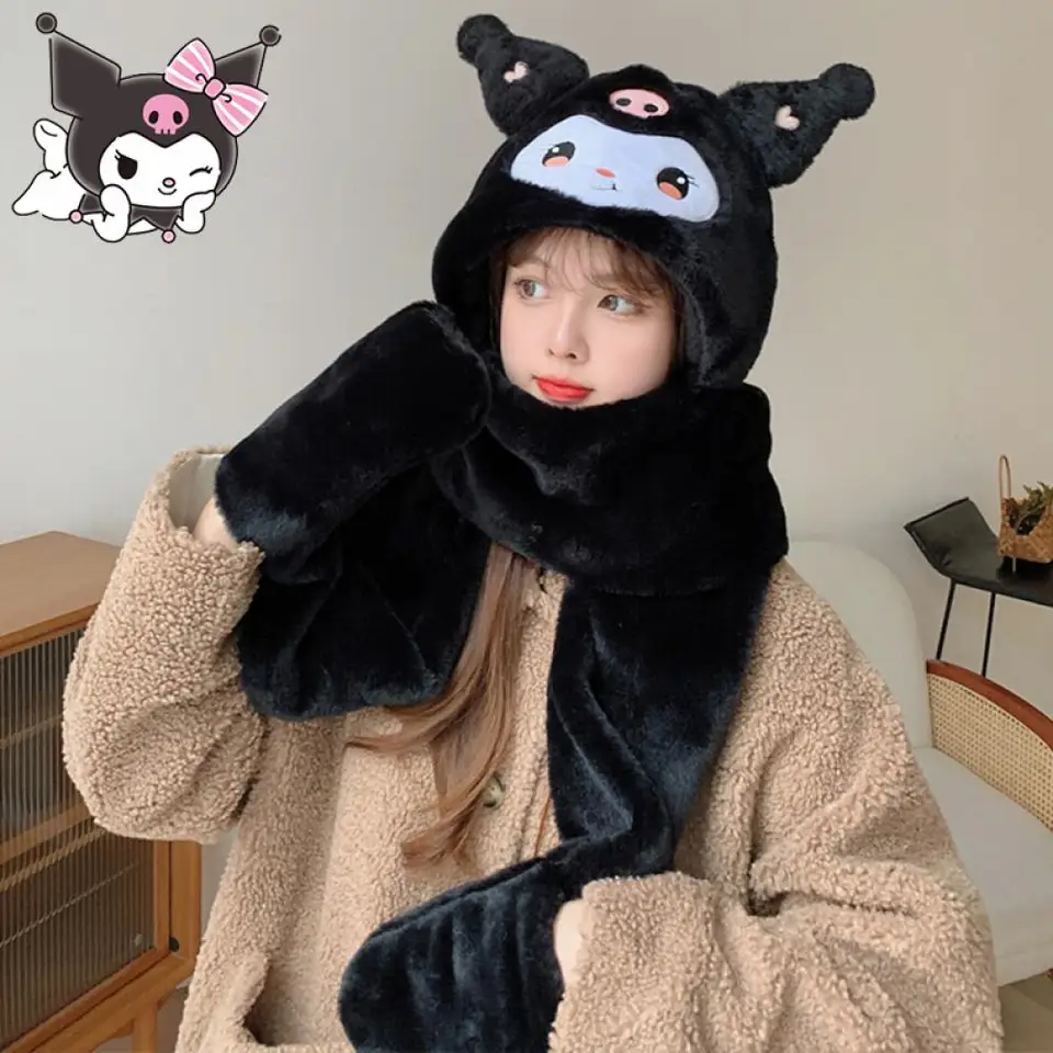 Kawaii kuromi plyšové klobúky Rukavice šál Trinity sanrio anime cinnamoroll moja melódia zima teplé zahusťované roztomilé milé dievča študent študent