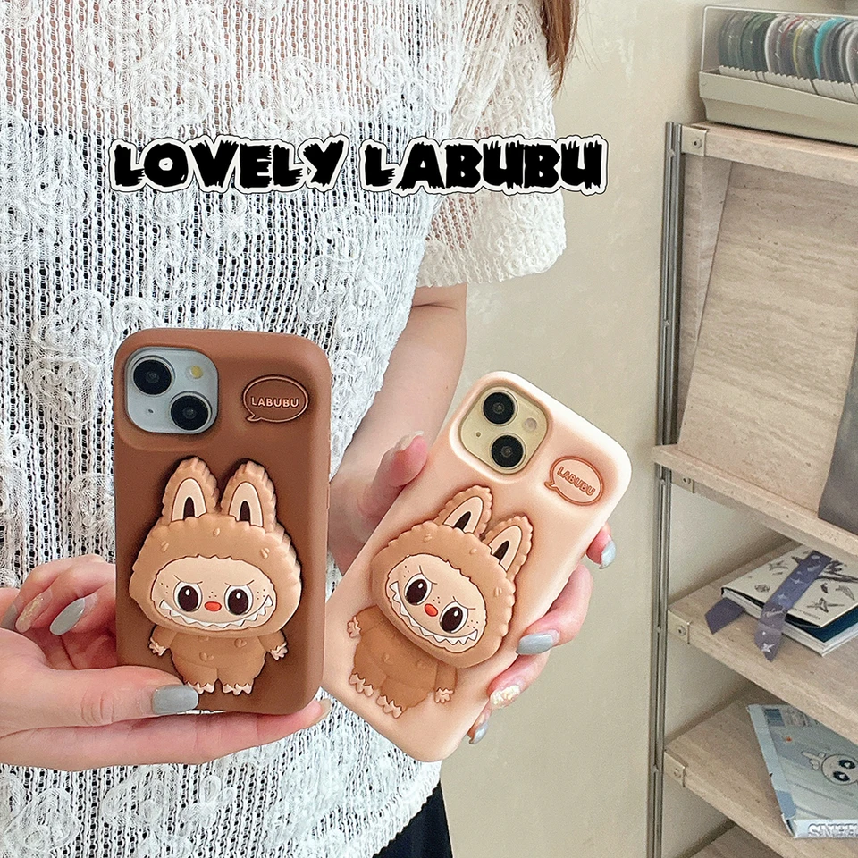 Kawaii LaBubu Soft Silikone Cover s držiakom puzdra pre iPhone 16 15 14 13 12 11 Pro 7 8 Plus x x Max xr