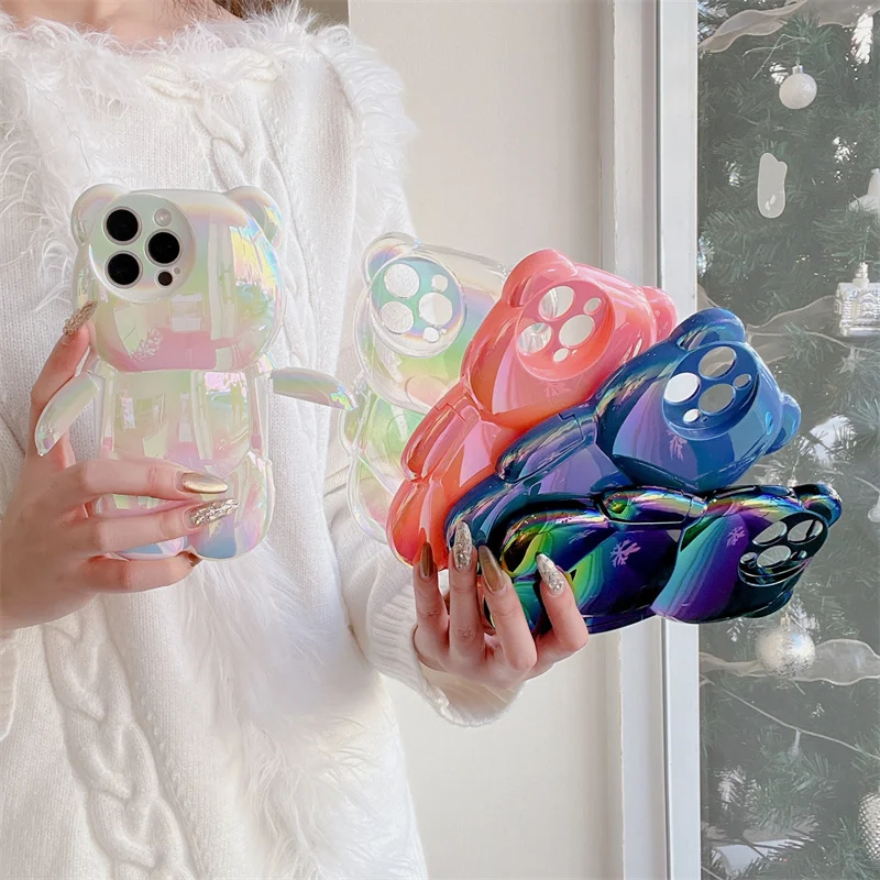 Kawaii Laser Bear Telefón puzdro pre iPhone 16 Pro 15 14 13 12 12 Pro Max Cover Shock odolný voči roztomilým karikatúrnym prípadom pre Apple 15 Promax Funda